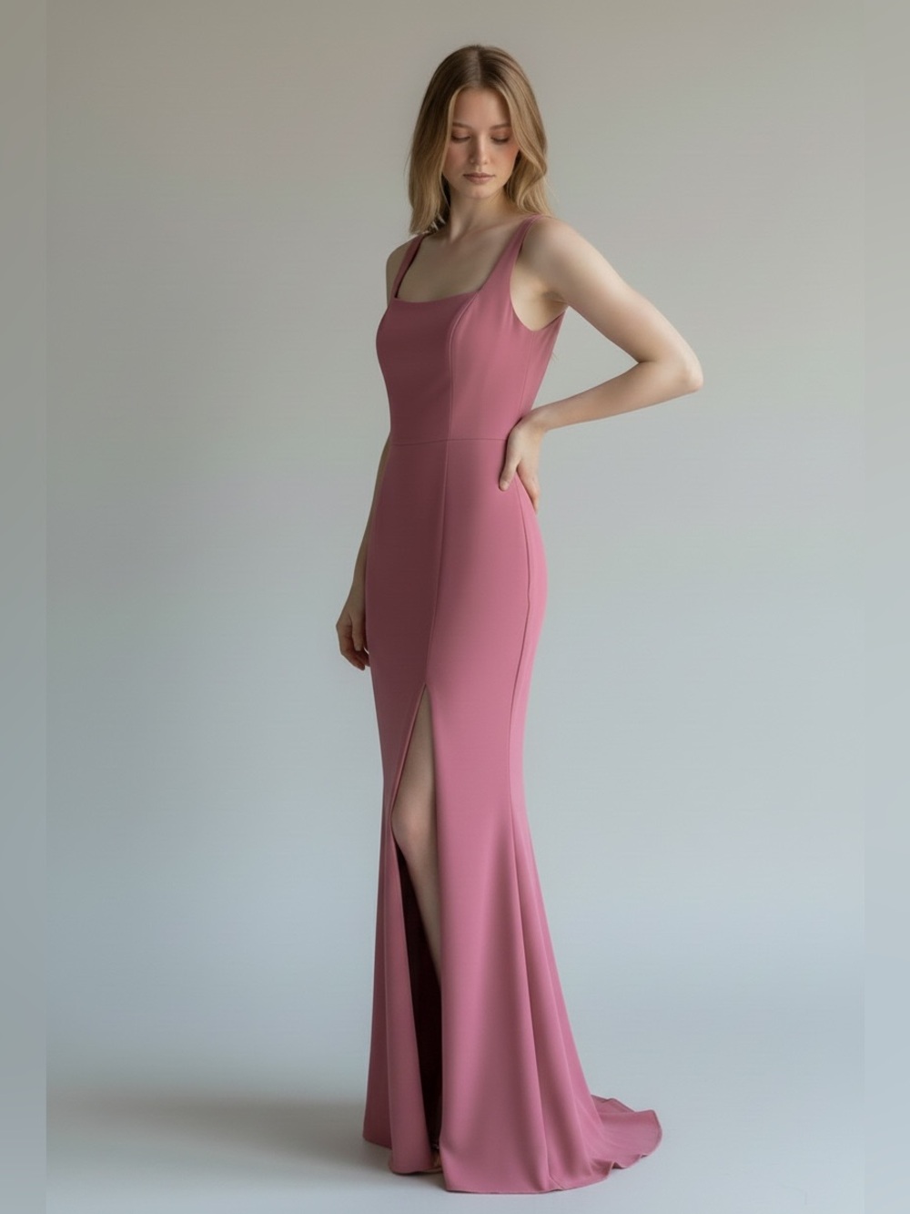 Kennedy Blue Square-Neck Rosewood Bridesmaid Dress with Front Slit